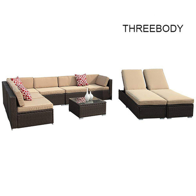 Brown Wicker Outdoor Patio Sectional Sofa Set , Modern Patio Furniture Beige Seat Lounge Chair