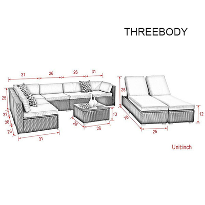 Brown Wicker Outdoor Patio Sectional Sofa Set , Modern Patio Furniture Beige Seat Lounge Chair